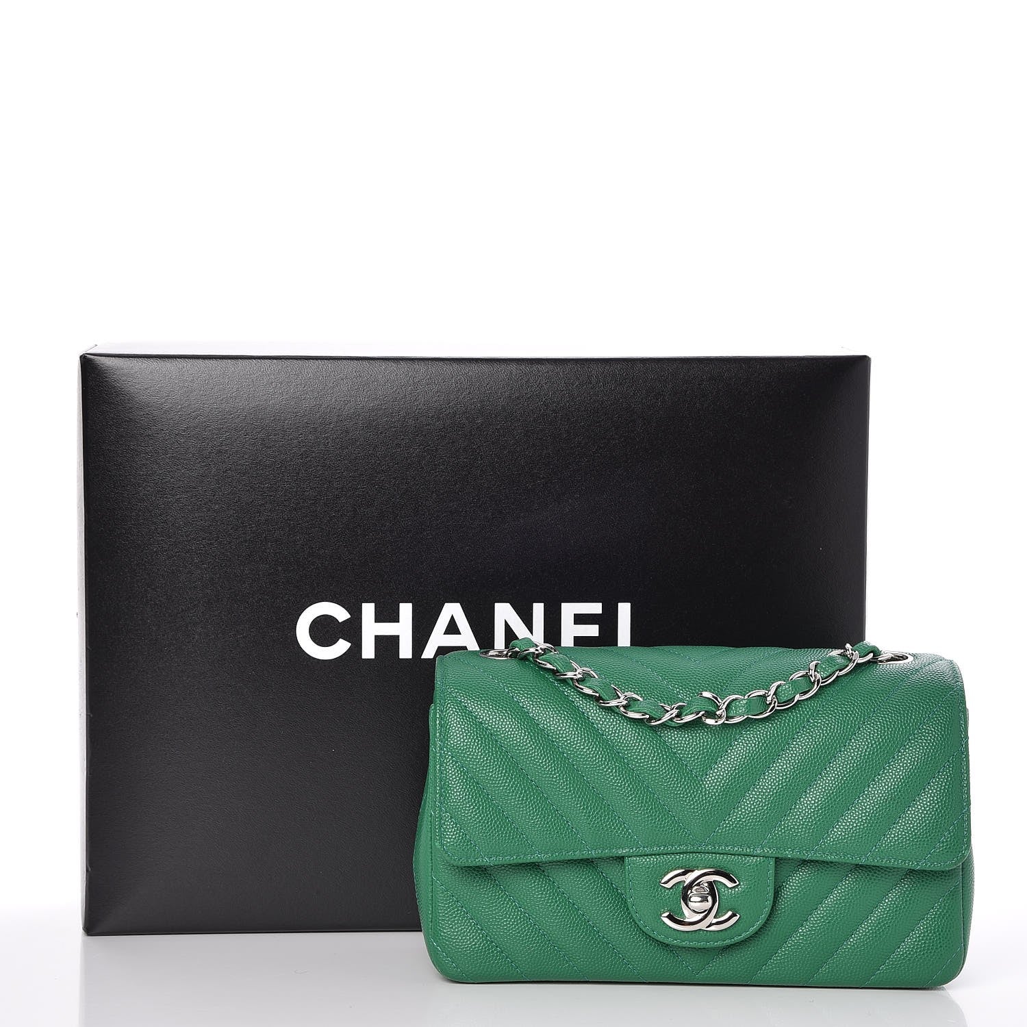 Chanel Caviar Chevron Quilted Mini Rectangular Flap Dark Green 10 of 10