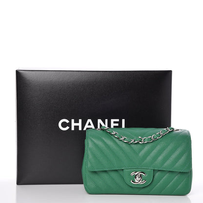 Chanel Caviar Chevron Quilted Mini Rectangular Flap Dark Green 10 of 10