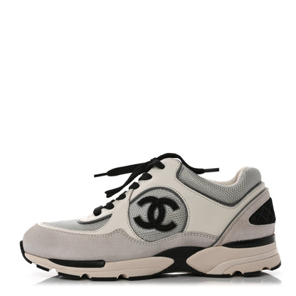 Chanel Nylon Calfskin Suede Womens CC Sneakers 37.5 Grey White 1 of 9
