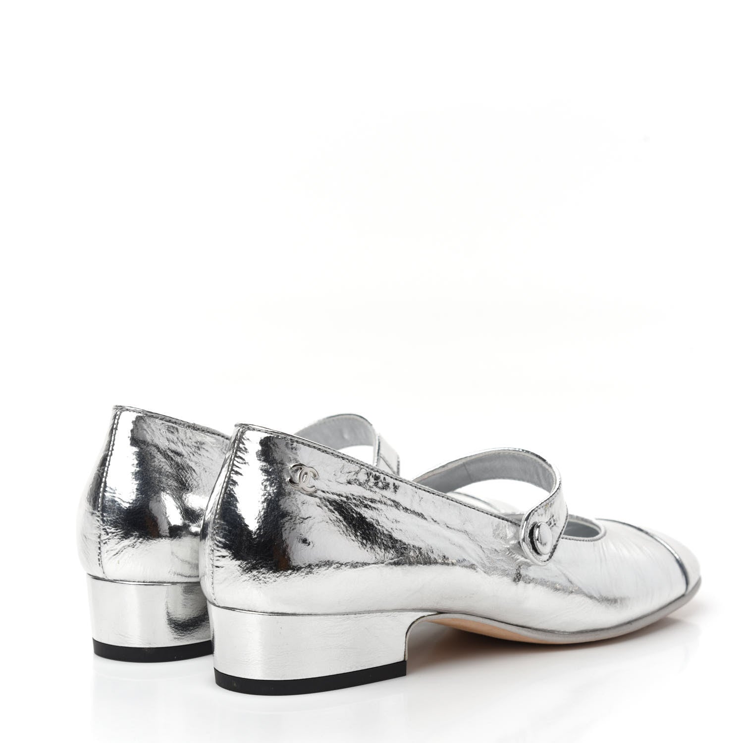 Chanel Laminated Goatskin Mary Jane Strap Pumps 36 Silver 4 of 9