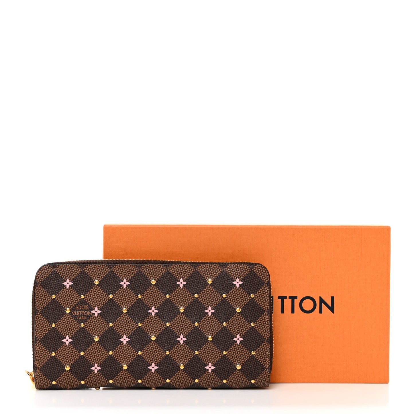 Damier Ebene Studded Zippy Wallet Rose Ballerine