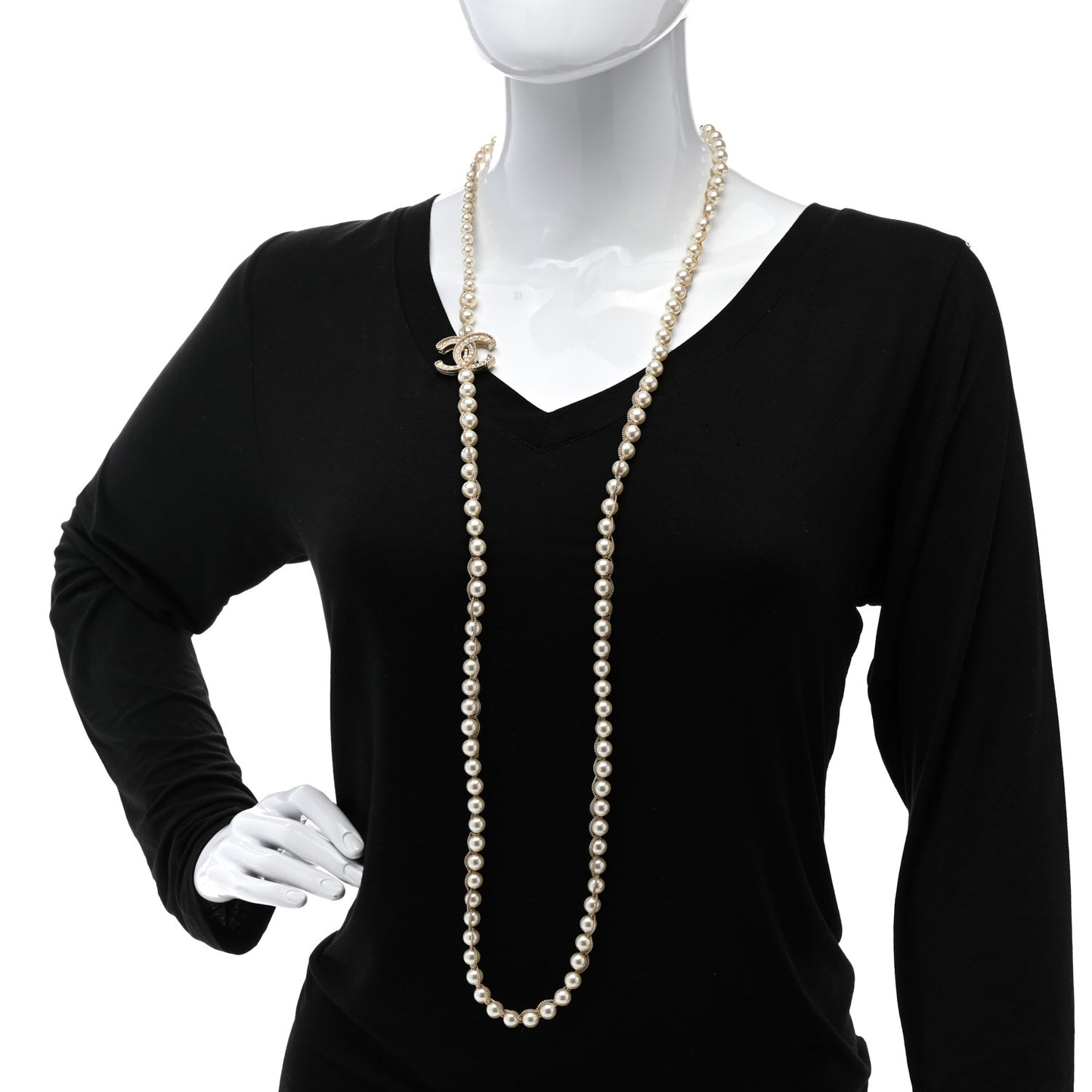 Pearl CC Chain Long Necklace Gold Pearly White