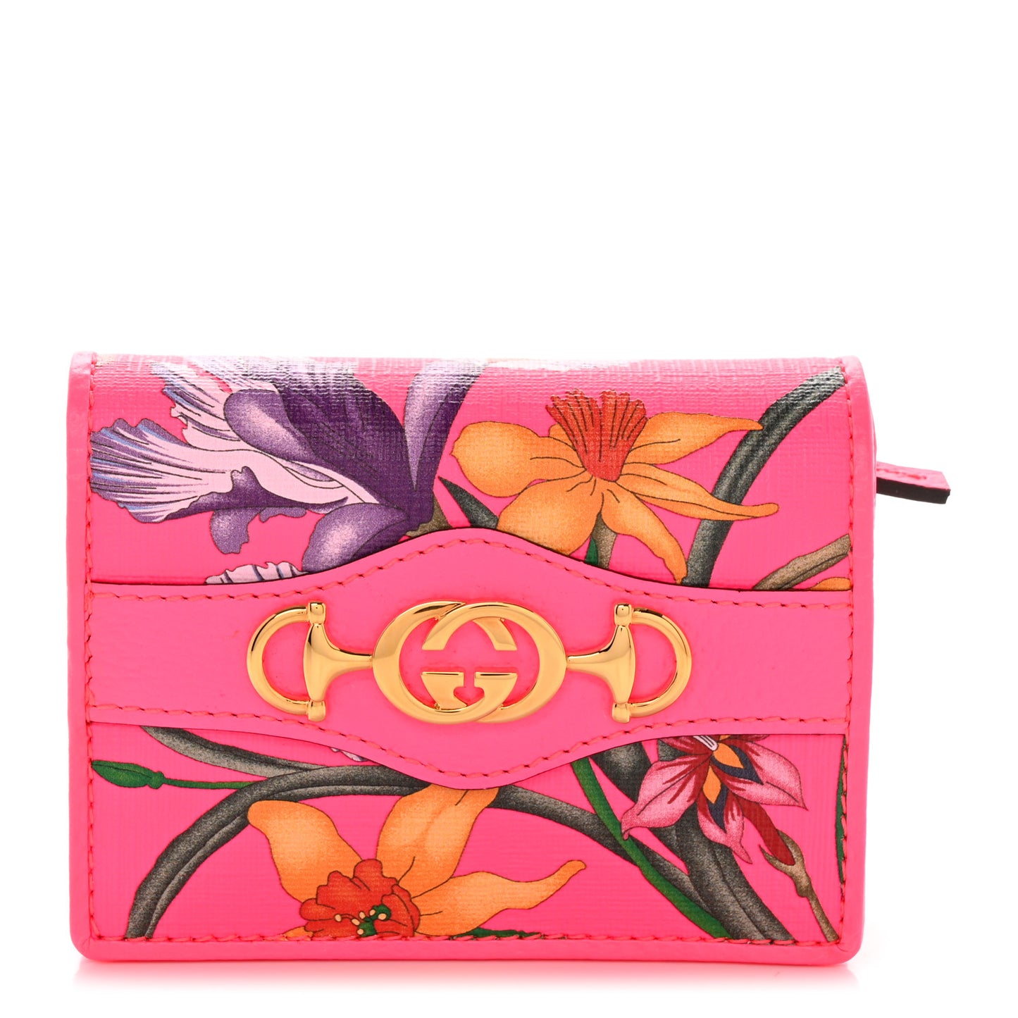 Calfskin Flora Print Zumi Card Case Fuxia Fluo