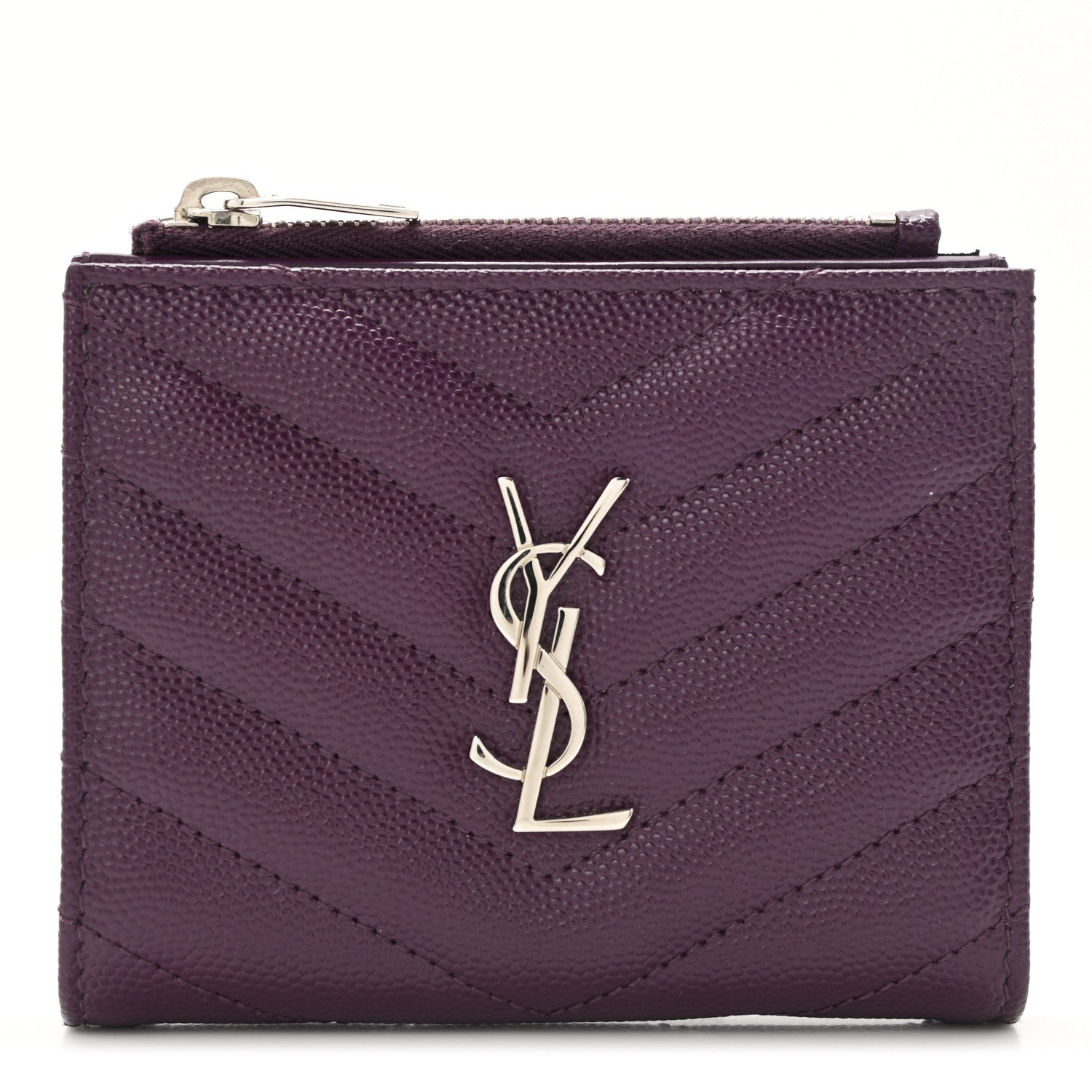 Saint Laurent Grain De Poudre Matelasse Chevron Monogram Zipped Card Case Lilac 1 of 6