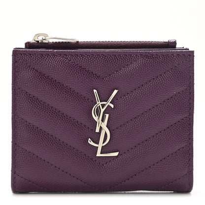 Saint Laurent Grain De Poudre Matelasse Chevron Monogram Zipped Card Case Lilac 1 of 6