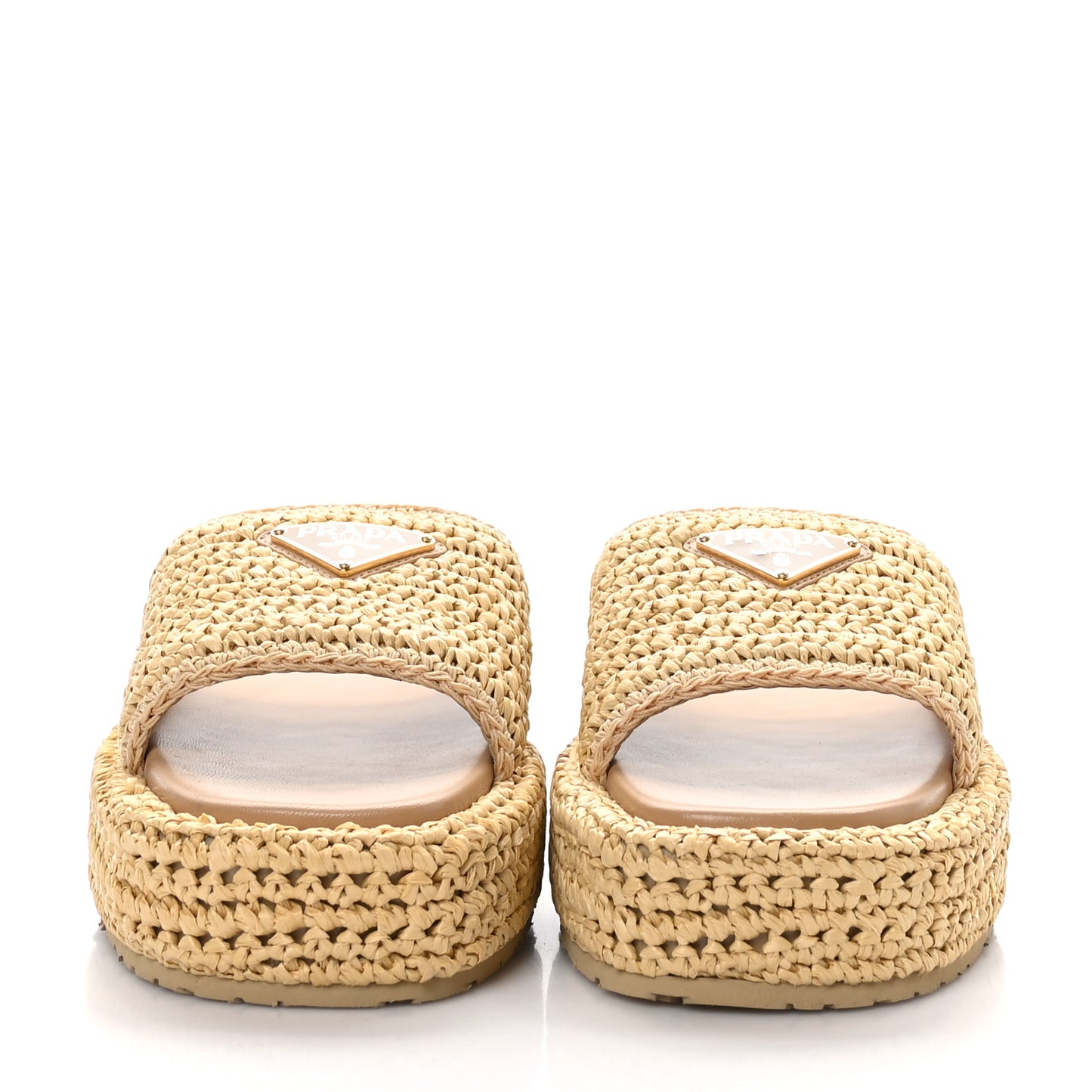 Raffia Metal Triangle Logo Woven Flatform 35mm Slide Sandals 40 Naturale