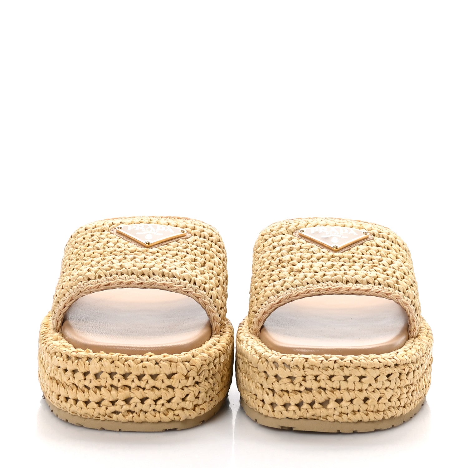 Prada Raffia Metal Triangle Logo Woven Flatform 35mm Slide Sandals 40 Naturale 3 of 9