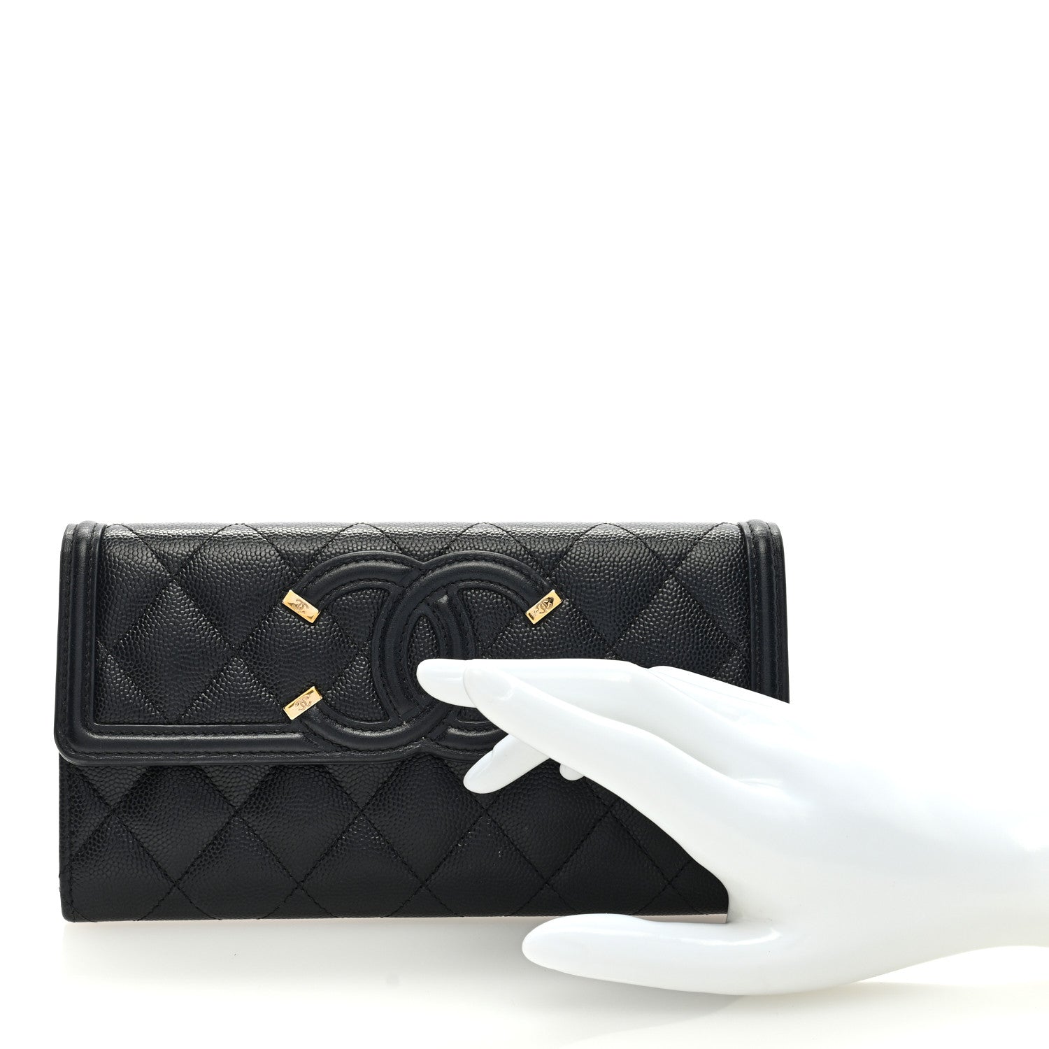 Chanel Caviar Quilted Filigree Large Gusset Flap Wallet Black 2 of 7
