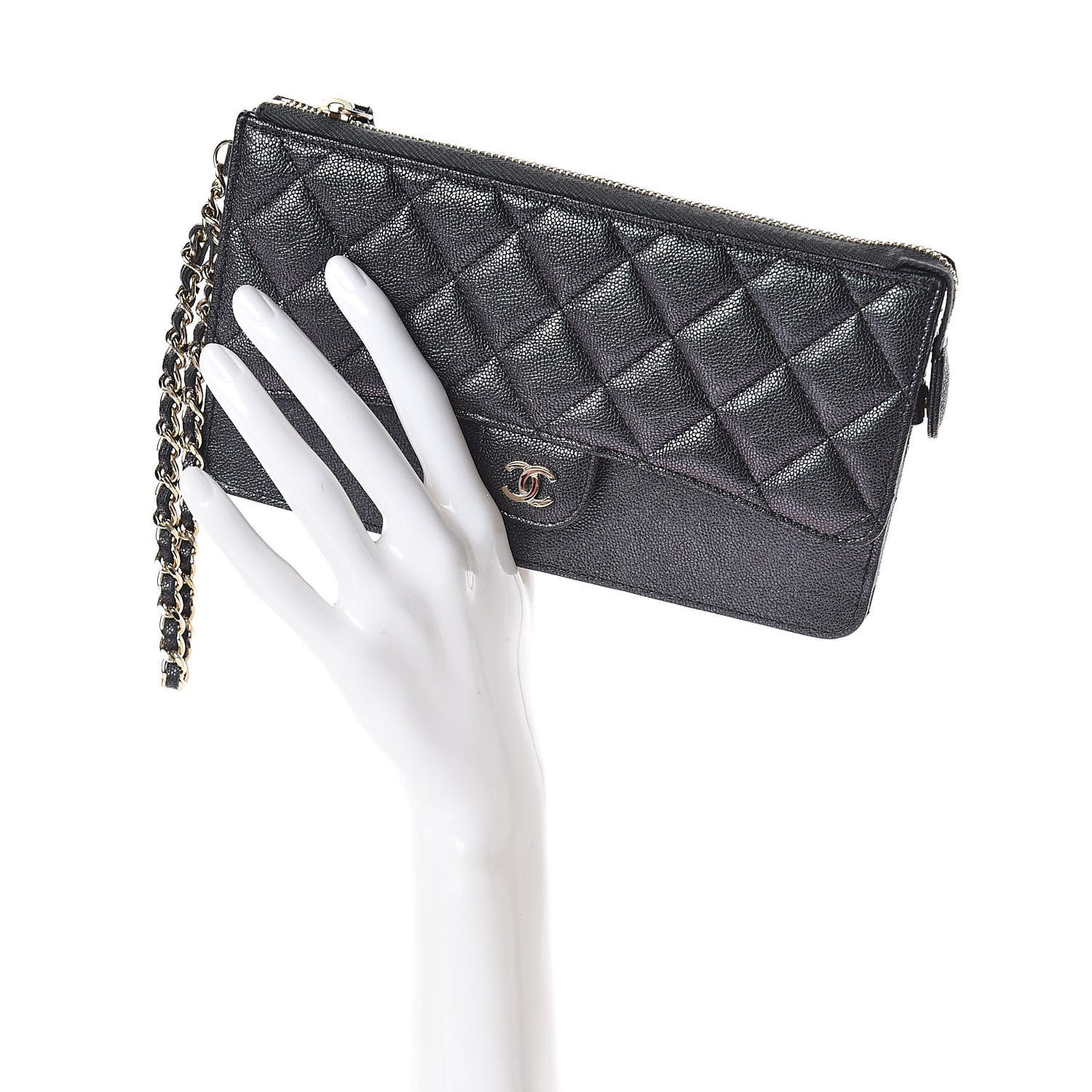 Iridescent Caviar Quilted Classic Pouch With Handle Black