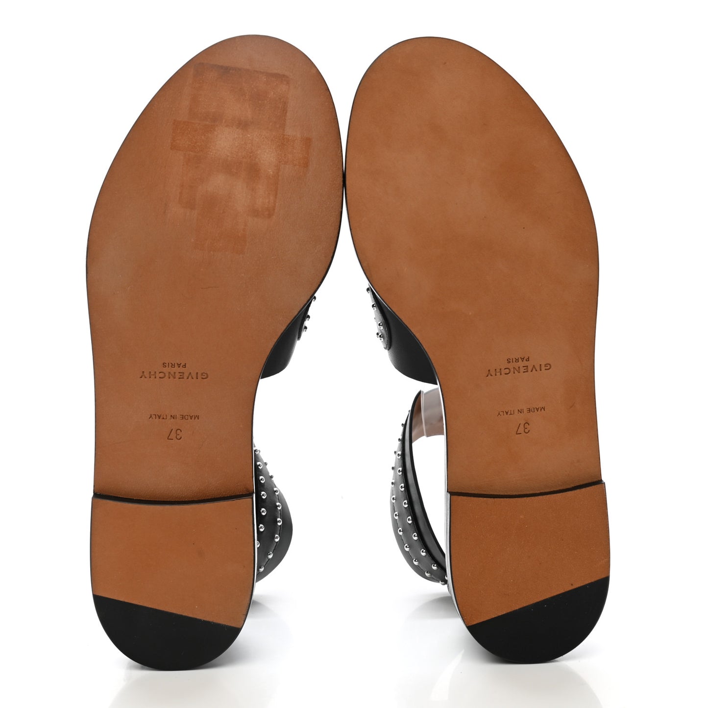 Calfskin Studded Elegant Flat Sandals 37 Black