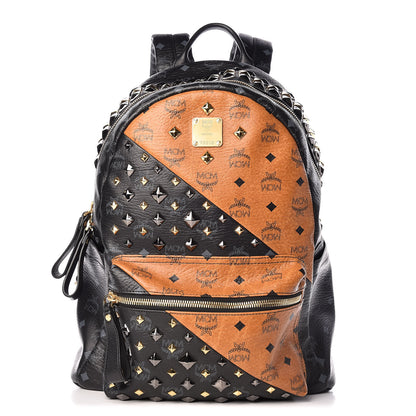 MCM Visetos Bi-Color Studded Medium Backpack Black Cognac 1 of 9