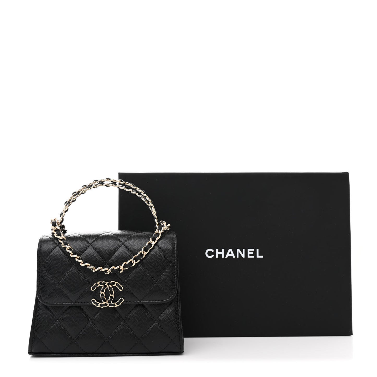 Caviar Quilted Double Chain Top Handle Flap With Chain Black