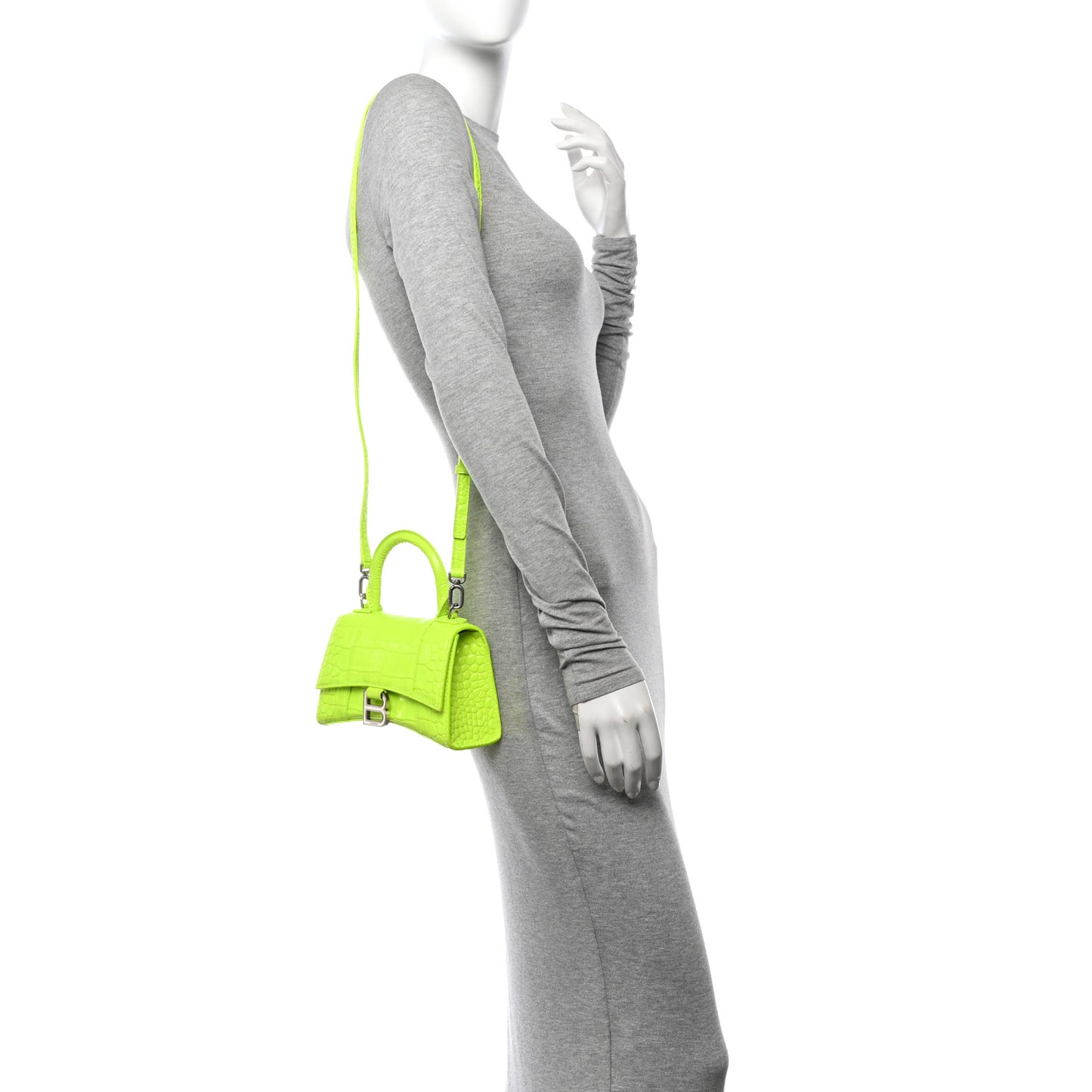 Shiny Calfskin Crocodile Embossed Hourglass Top Handle Bag XS Fluo Yellow