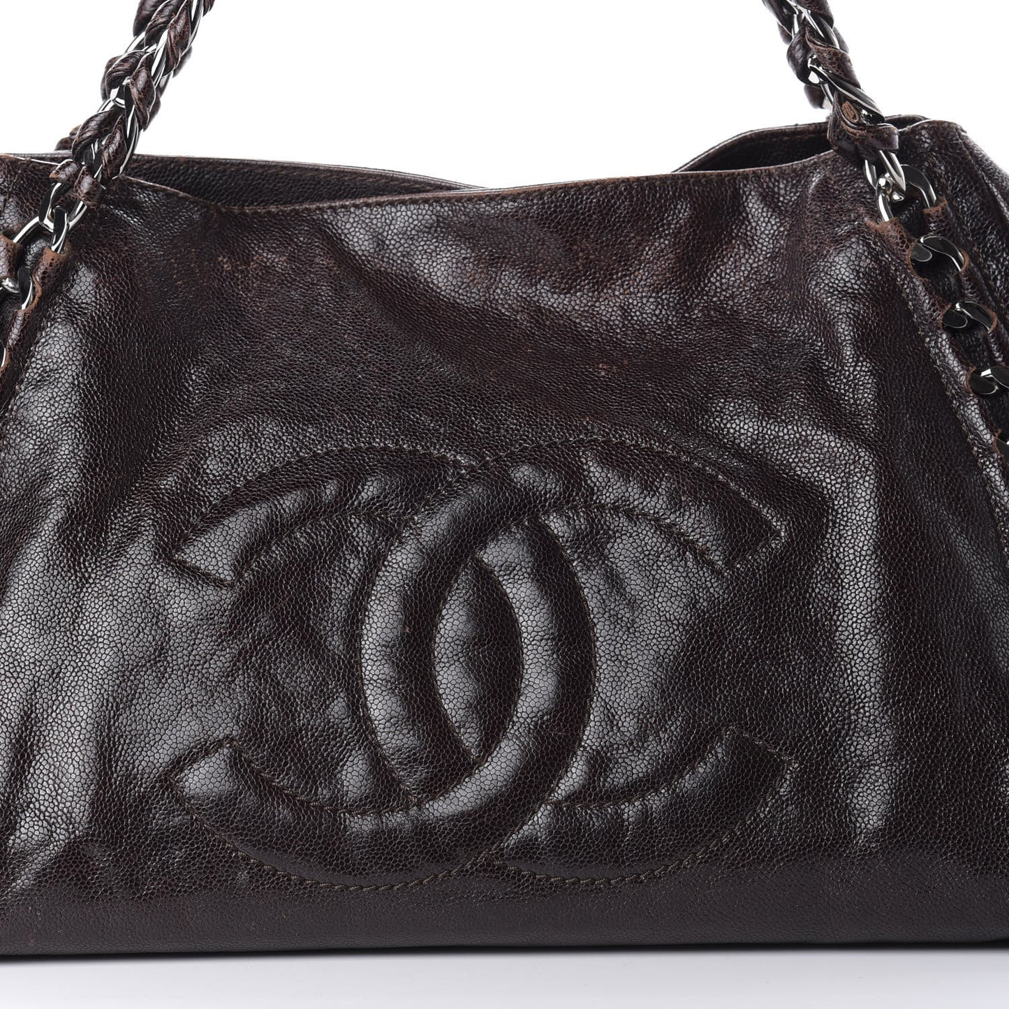 Glazed Caviar East West Modern Chain Tote Brown