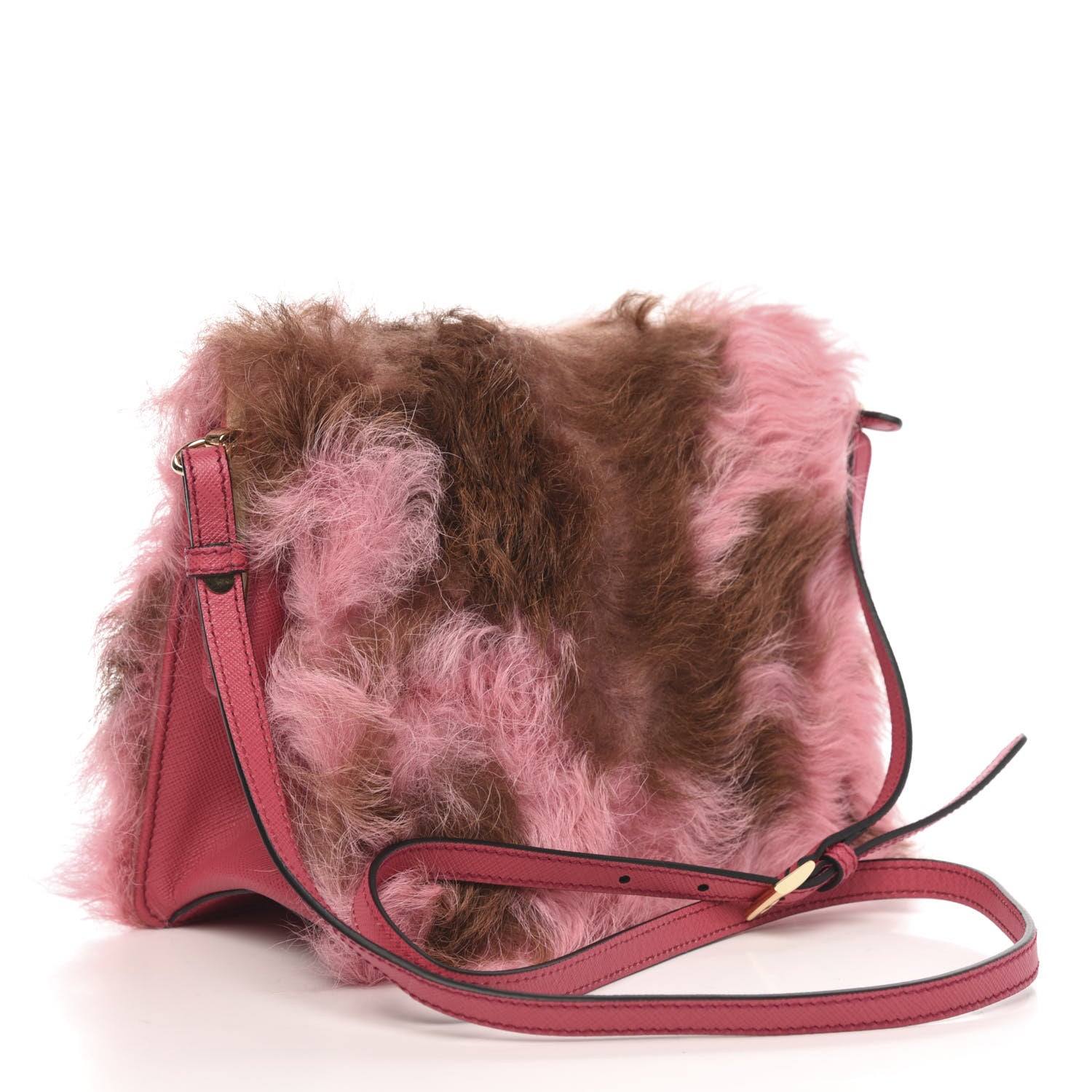 Prada Montone Shearling Fox Fur Saffiano Shoulder Bag Begonia Cammello 3 of 9