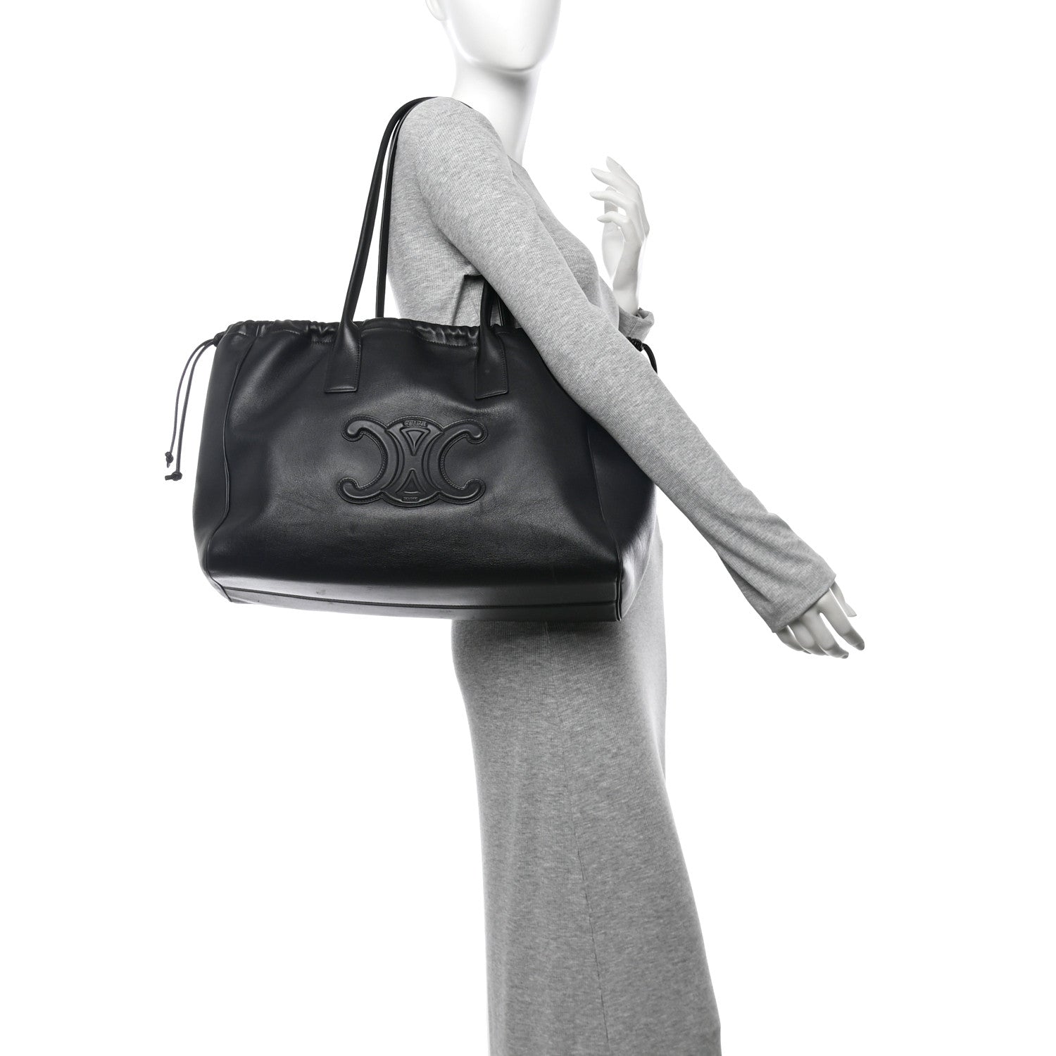 Celine Smooth Calfskin Cuir Triomphe Cabas Drawstring Black 2 of 10