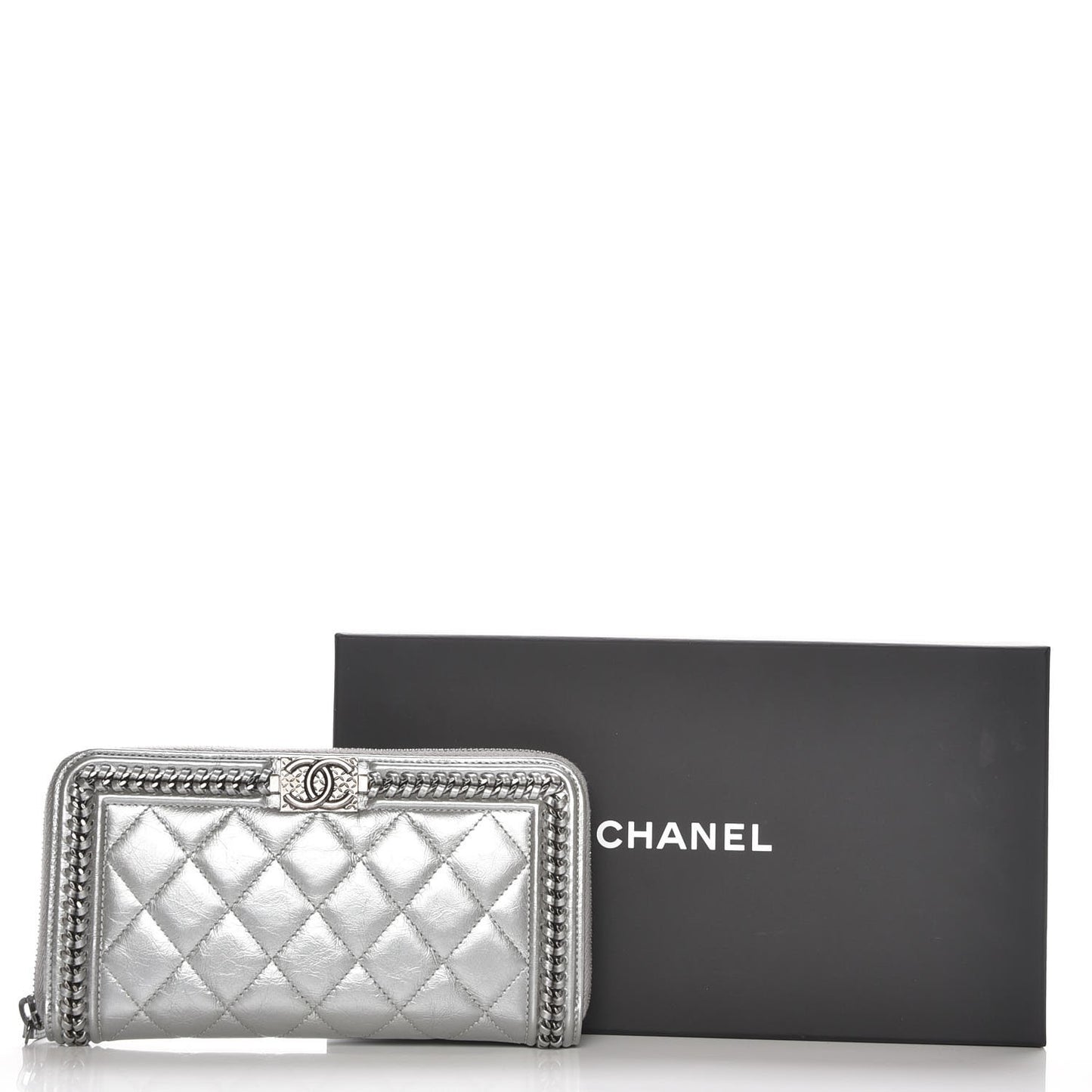 Metallic Calfskin Quilted Boy Chain Large Gusset Zip Around Wallet Silver