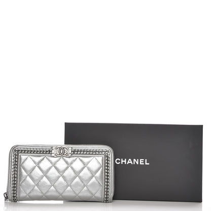 Chanel Metallic Calfskin Quilted Boy Chain Large Gusset Zip Around Wallet Silver 9 of 9