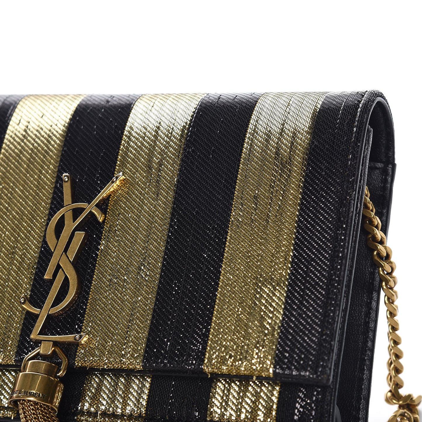 Sequin Striped Classic Monogram Kate Tassel Chain Wallet Black Gold