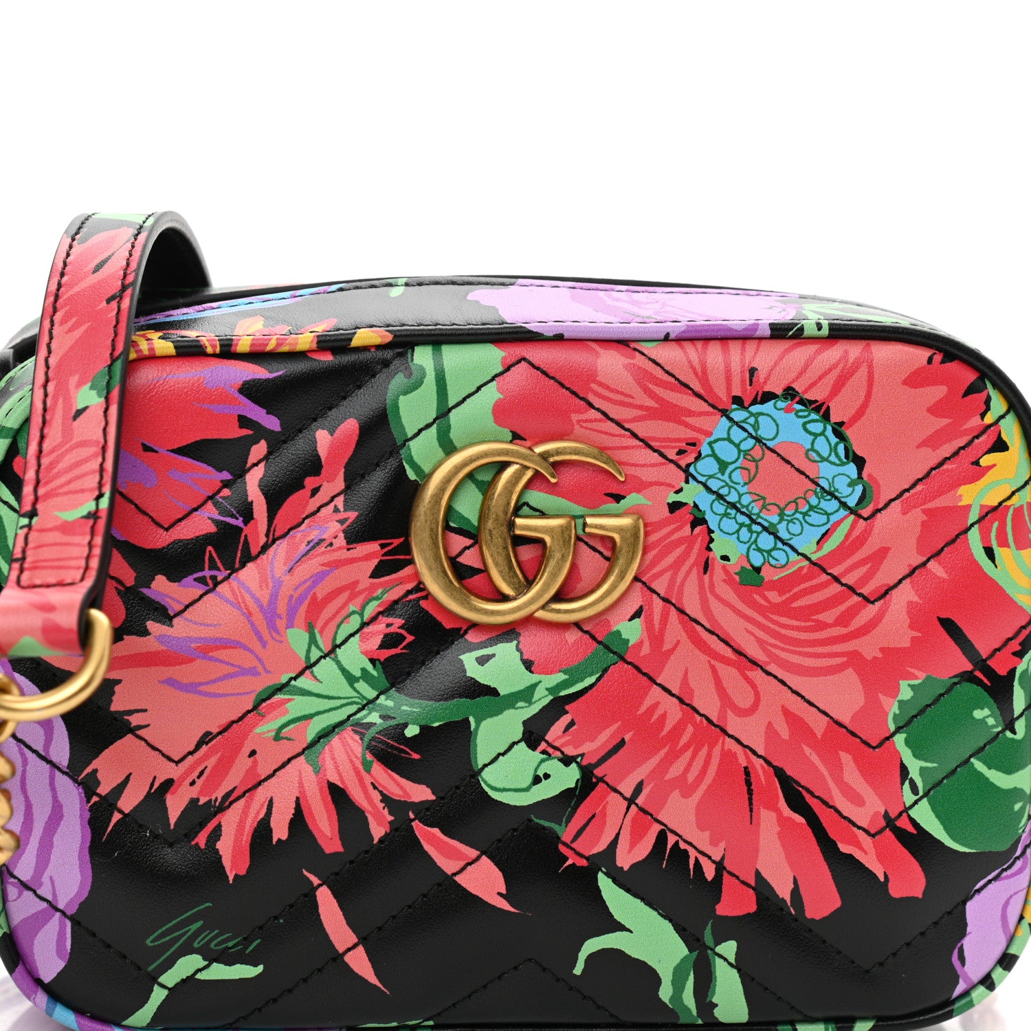 Gucci X KEN SCOTT Calfskin Matelasse Floral Print Mini GG Marmont Chain Shoulder Bag Black Pink 9 of 11
