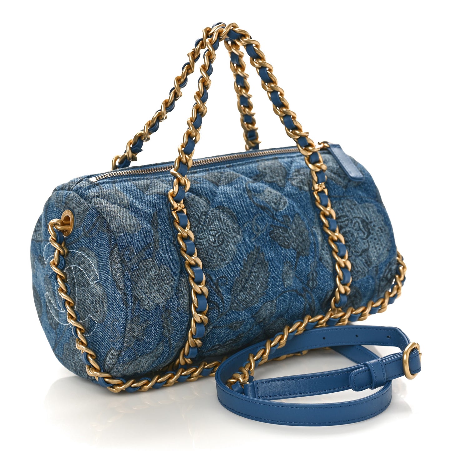 Denim Printed Destination Chenonceau Bowling Bag Blue Grey White