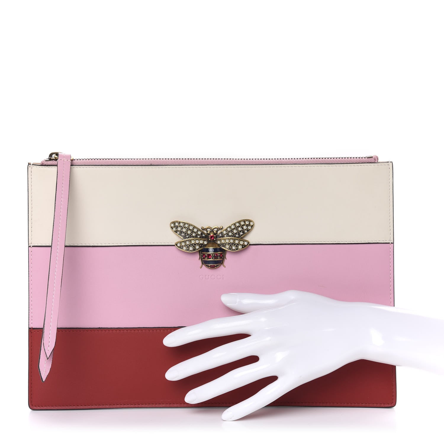 Gucci Calfskin Striped Oversized Bee Zip Pouch White Pink Red 2 of 9