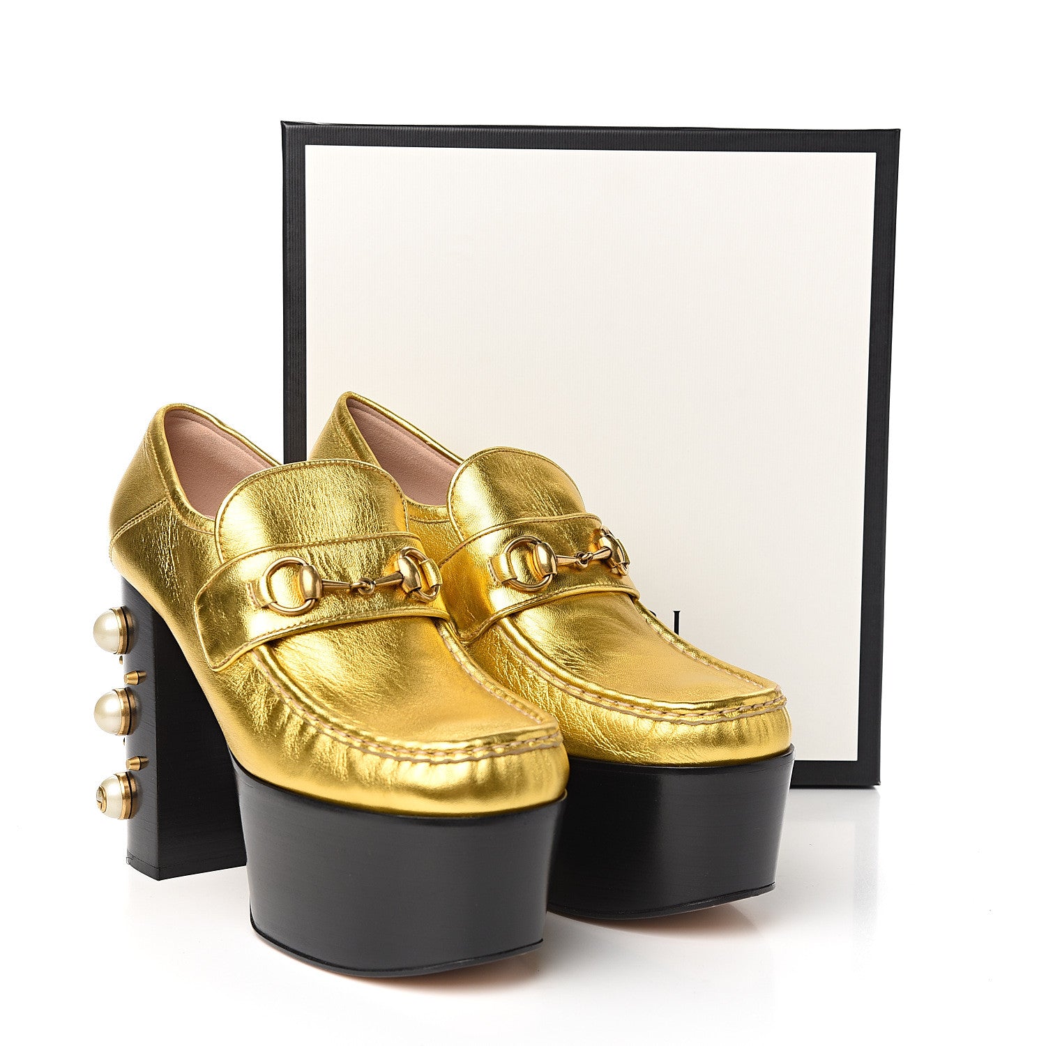 Gucci Malaga Kid Pearl Studded Vegas Platform Loafers 40 Gold 10 of 10