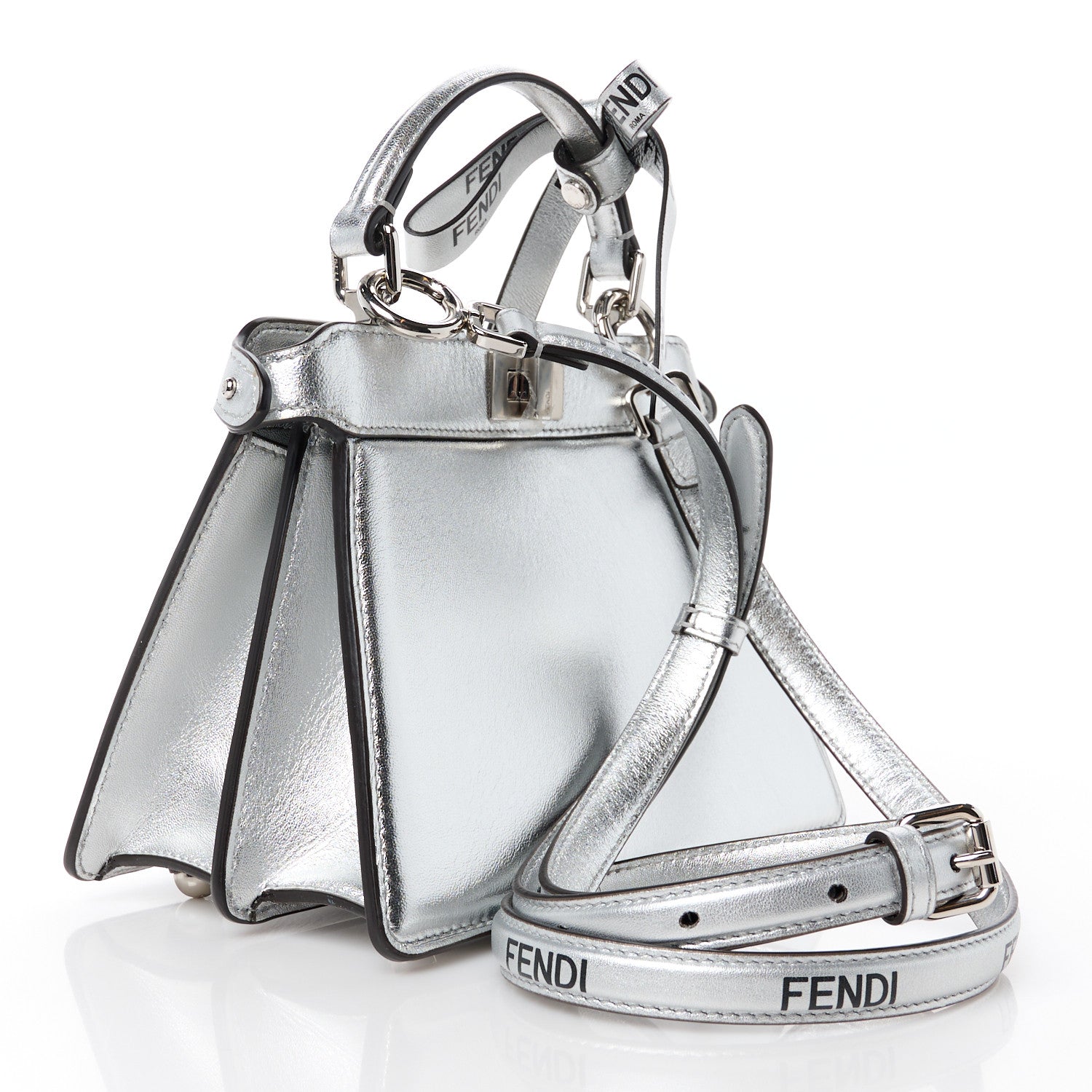 Fendi X MARC JACOBS Vitello Catalan Mirror Petite Peekaboo I SEE U Satchel Argento 3 of 11