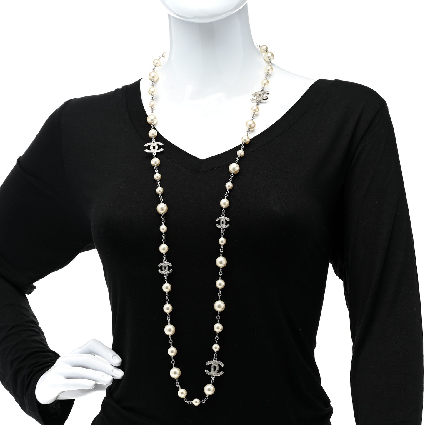 Graduated Pearl Crystal CC Long Necklace Silver