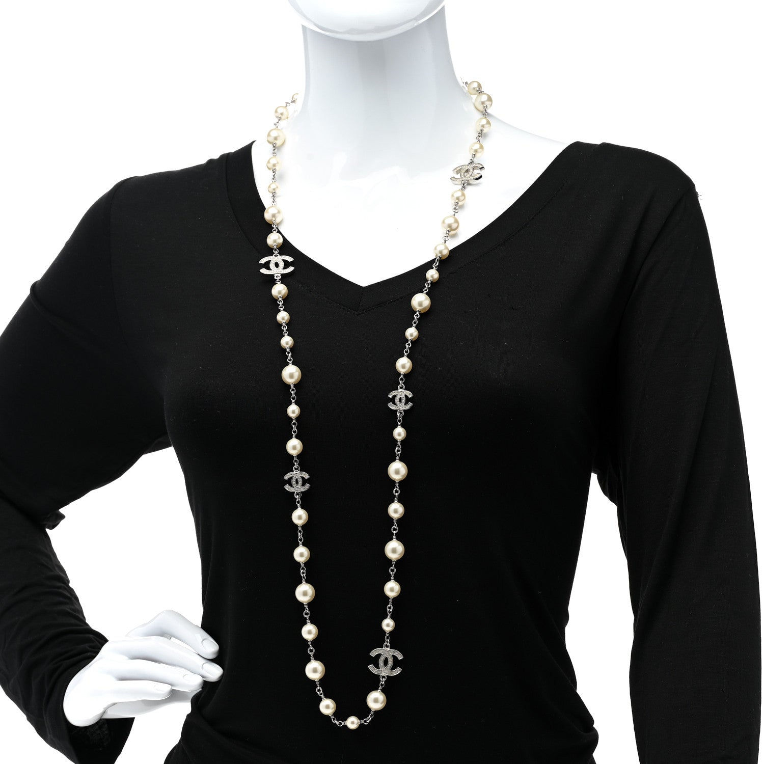 Chanel Graduated Pearl Crystal CC Long Necklace Silver 2 of 6