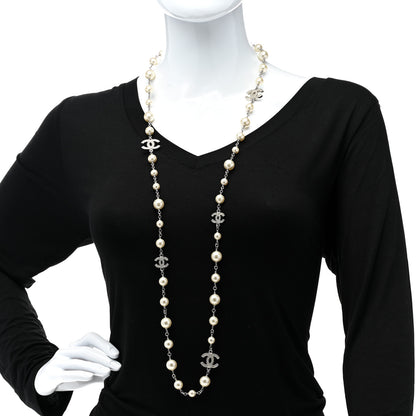 Chanel Graduated Pearl Crystal CC Long Necklace Silver 2 of 6