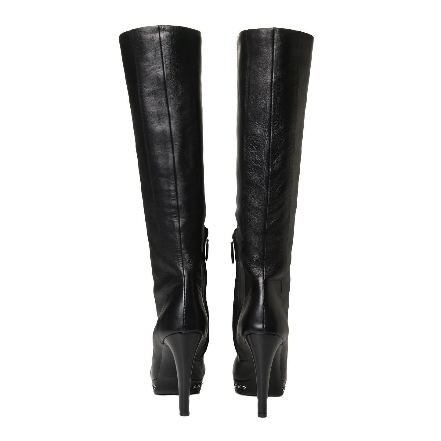 Lambskin CC Platform Cap Toe Chain Knee High Boots 42 Black