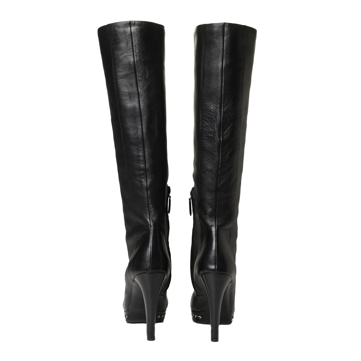 Chanel Lambskin CC Platform Cap Toe Chain Knee High Boots 42 Black 10 of 18