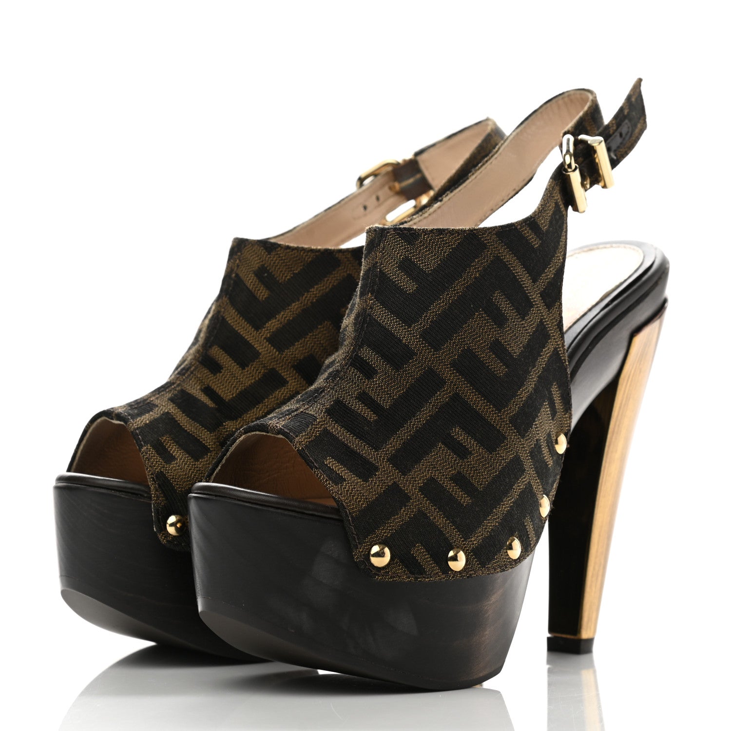 Fendi Jacquard Calfskin FF Open Toe Platform Slingback Clogs 36 Tobacco 3 of 10