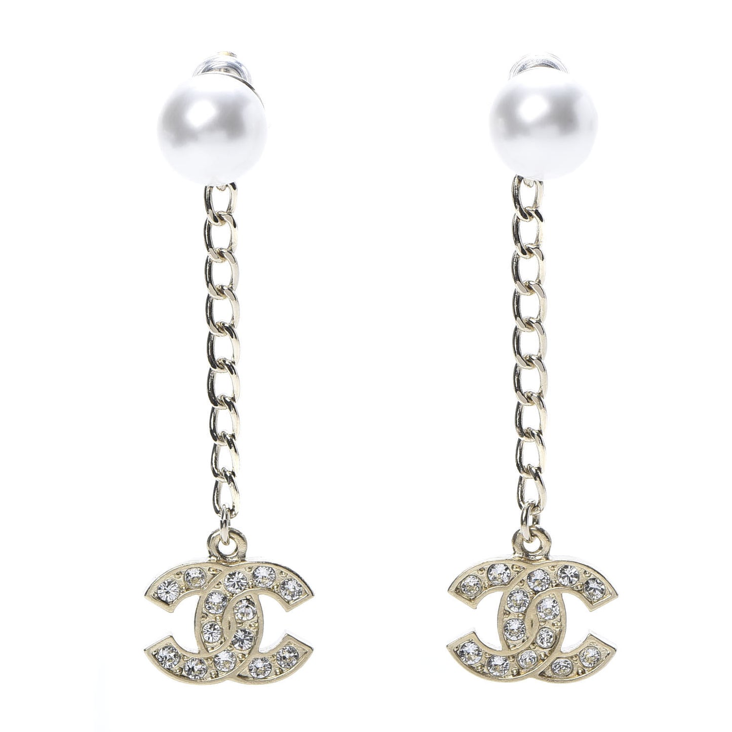Pearl Crystal CC Long Drop Earrings Gold