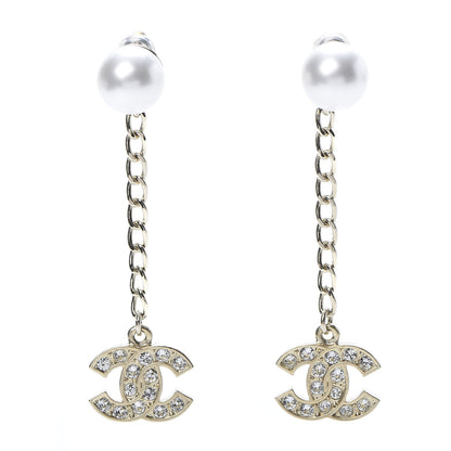 Chanel Pearl Crystal CC Long Drop Earrings Gold 1 of 5