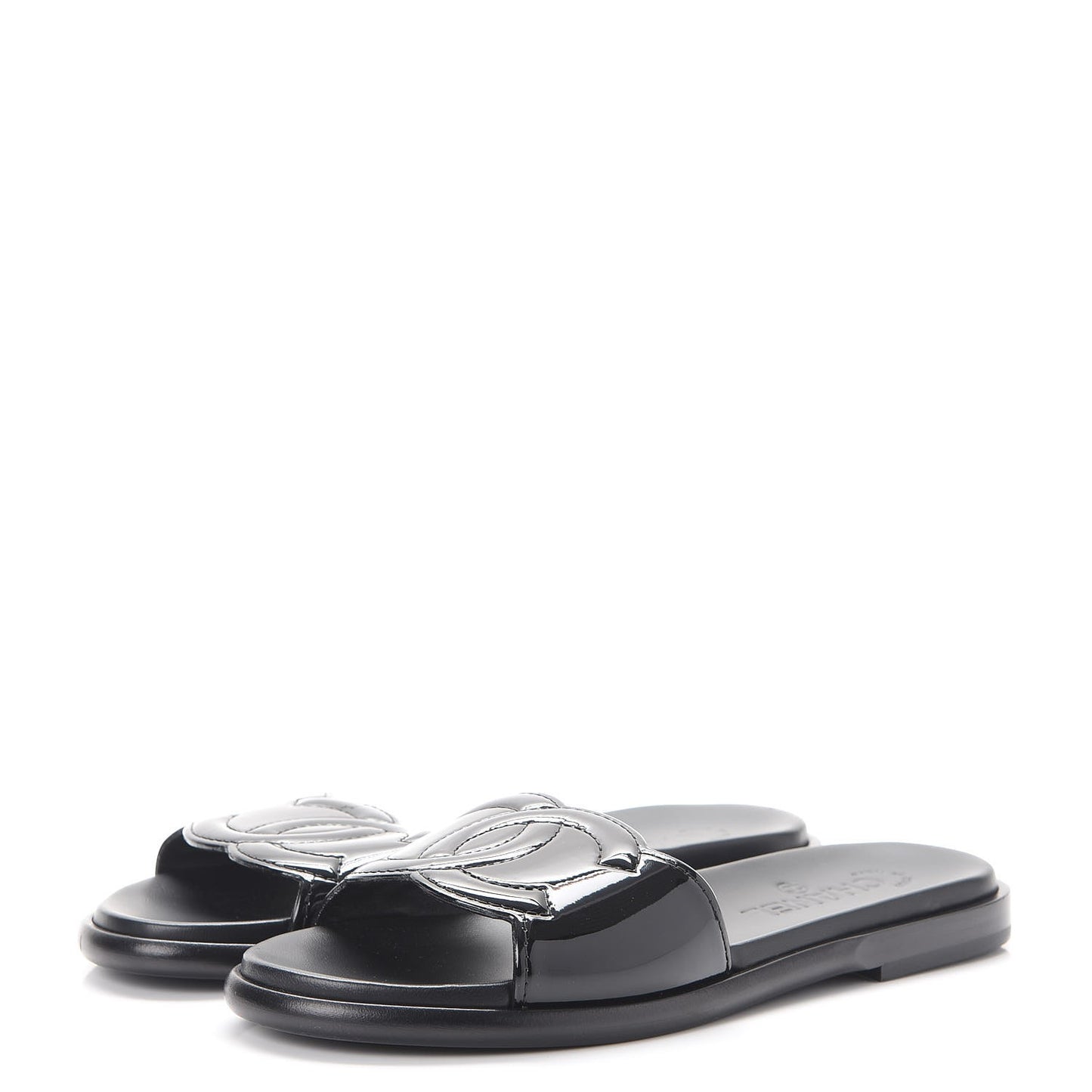 Patent Calfskin CC Slip On Mules 38.5 Black