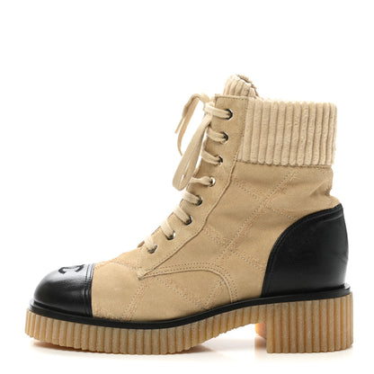 Chanel Suede Calfskin Velvet Quilted CC Combat Boots 38 Beige Black 1 of 8