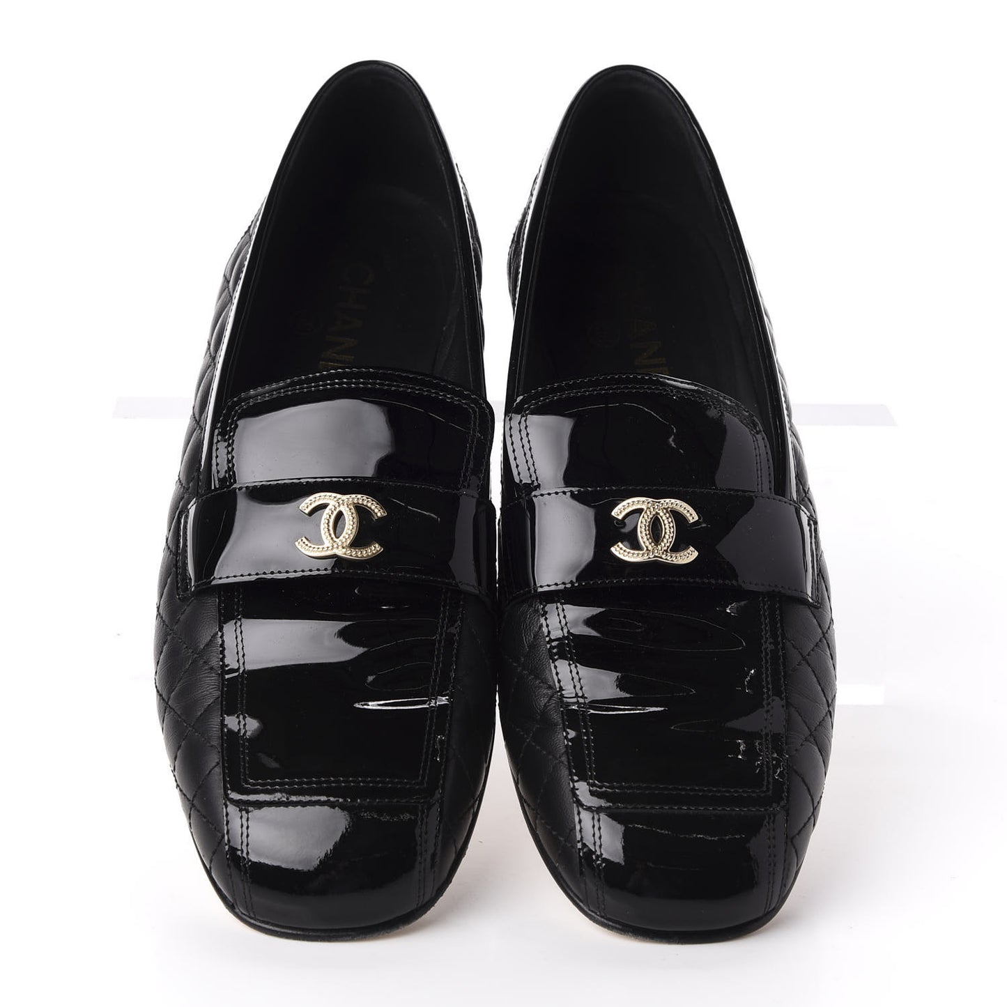 Patent Calfskin Quilted Womens CC Loafers 40 Black
