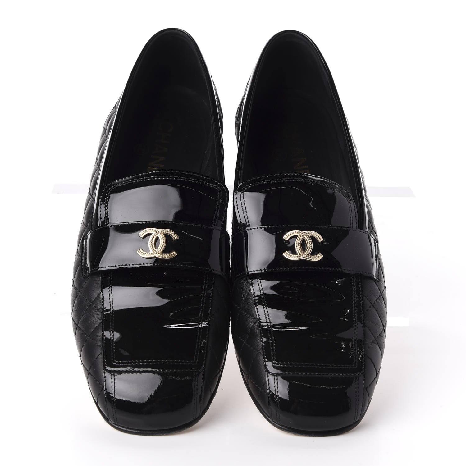 Chanel Patent Calfskin Quilted Womens CC Loafers 40 Black 5 of 15