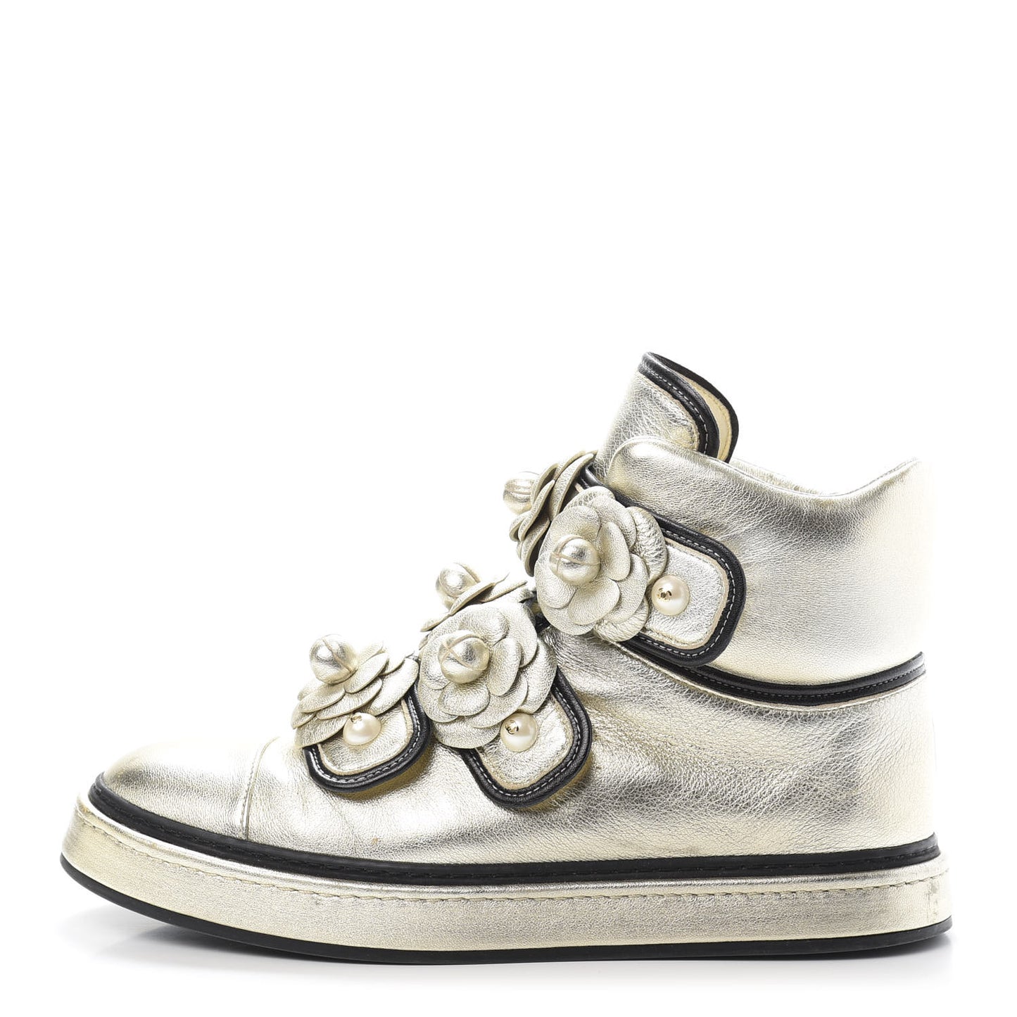 Metallic Lambskin Camellia High Top Sneakers 39 Gold