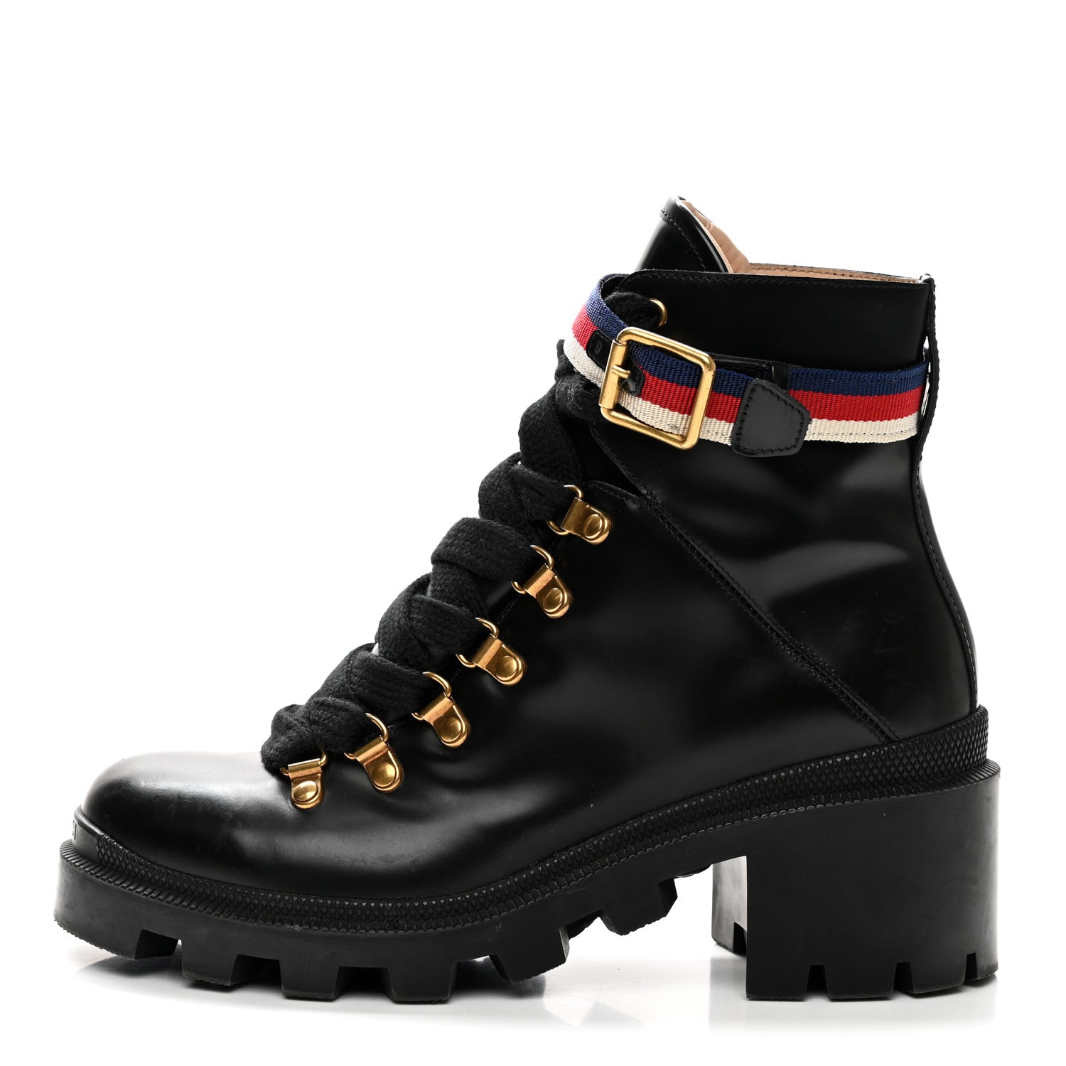 Gucci Calfskin Sylvie Web Womens Lace Up Combat Boots 37.5 Black 1 of 8