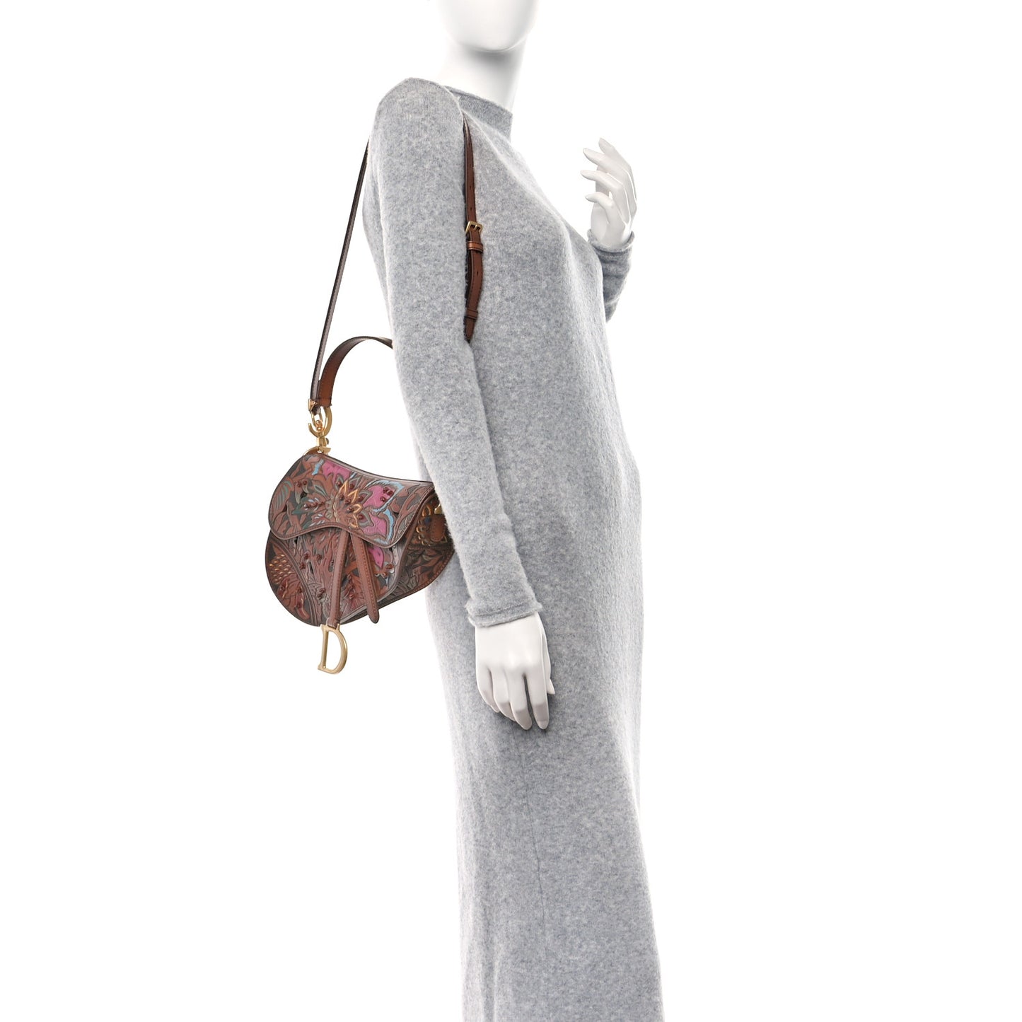 Calfskin Painted Laser Cut Saddle Bag With Strap Brown Multicolor