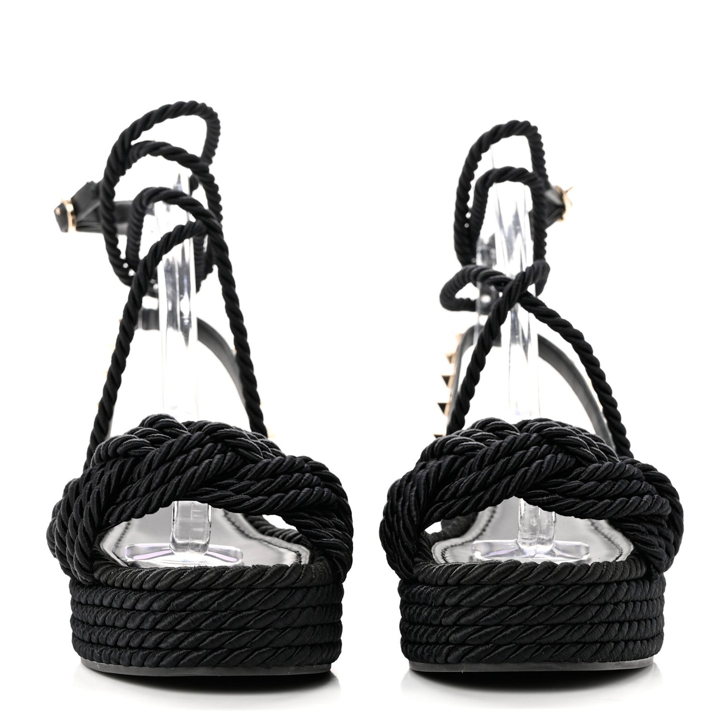 Calfskin Silk Woven Rockstud Torchon 55 Espadrille Sandals 36 Black