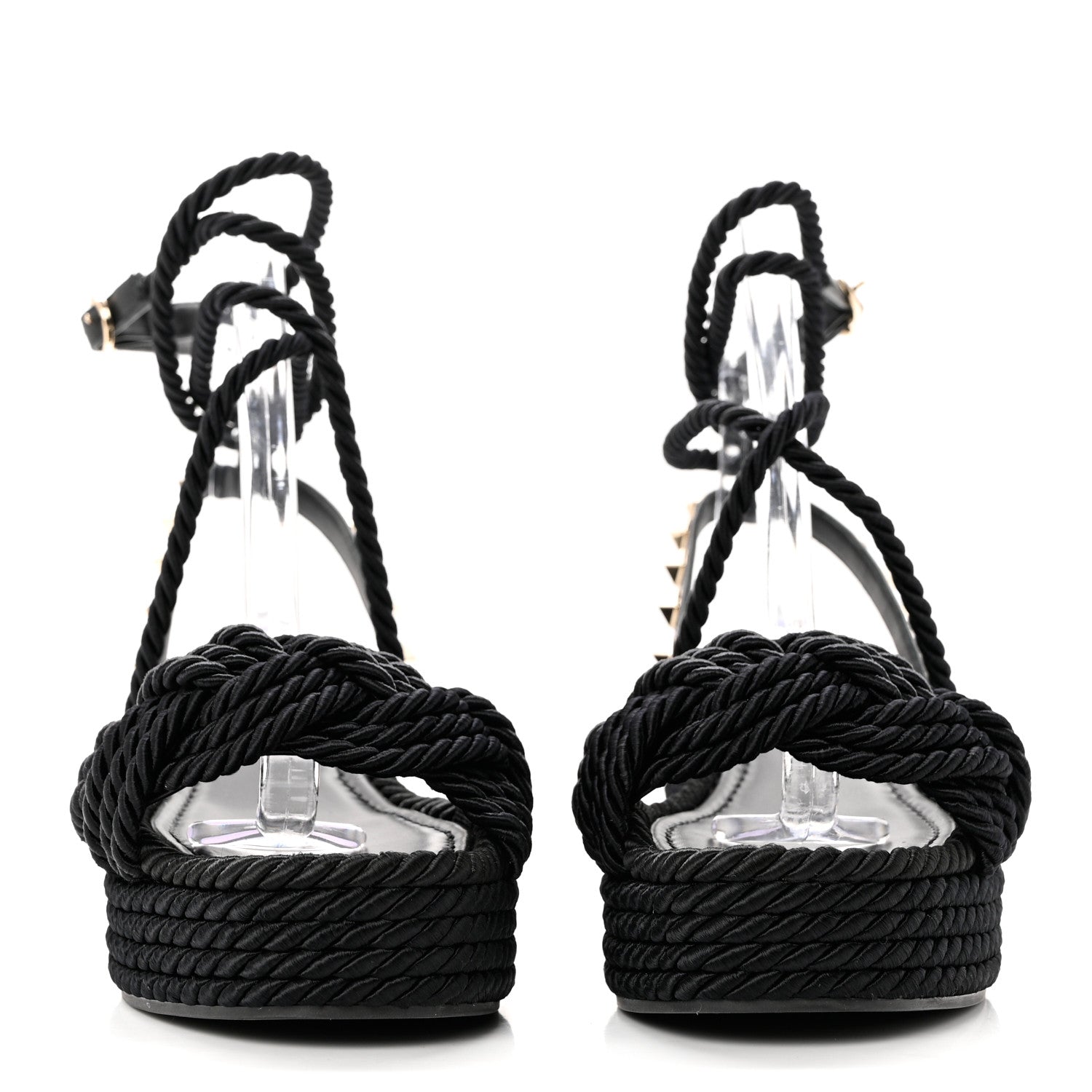 Valentino Garavani Calfskin Silk Woven Rockstud Torchon 55 Espadrille Sandals 36 Black 2 of 7