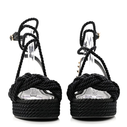 Valentino Garavani Calfskin Silk Woven Rockstud Torchon 55 Espadrille Sandals 36 Black 2 of 7