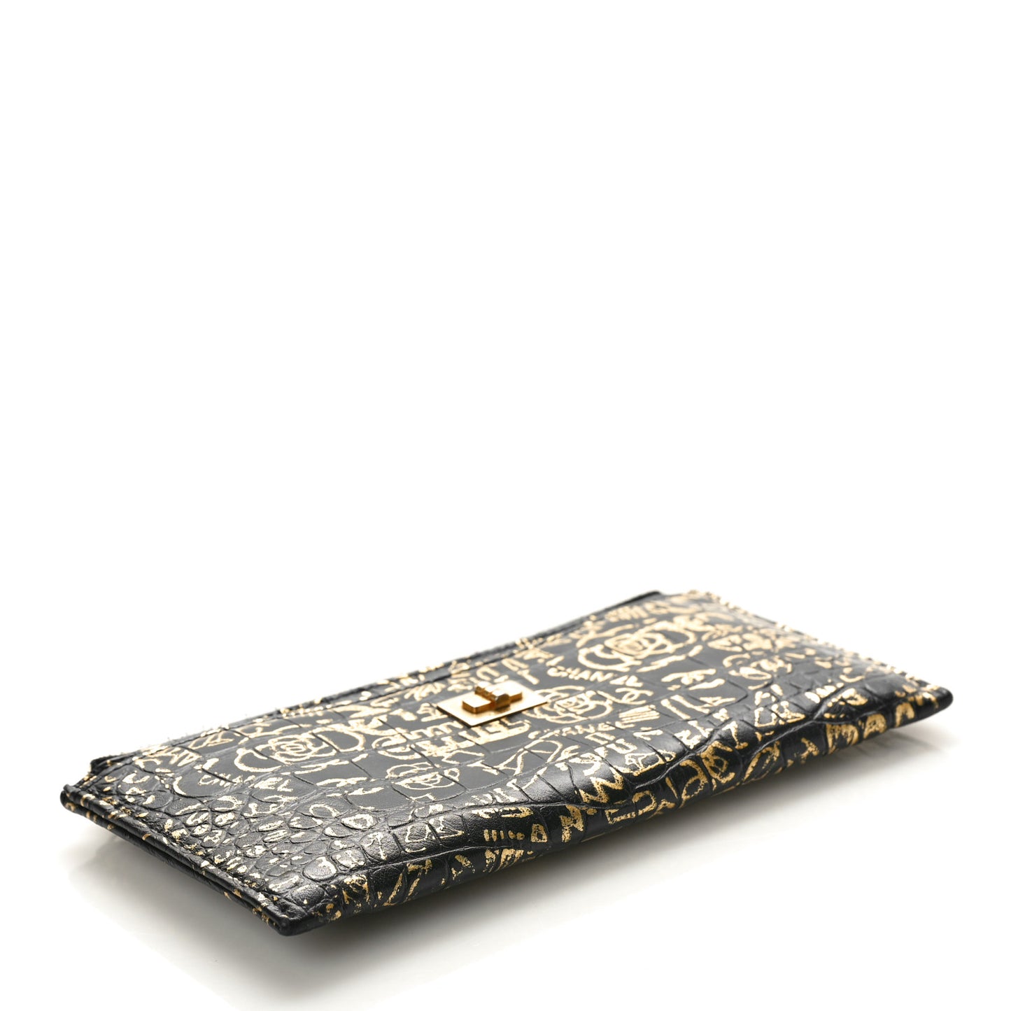 Calfskin Crocodile Embossed Graffiti 2.55 Cocodile Reissue Zip Pouch Black Gold