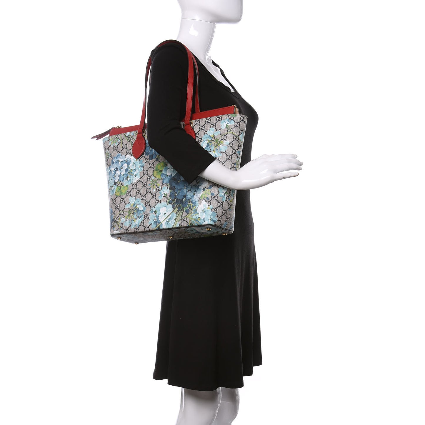 GG Supreme Monogram Blooms Medium Zippered Bucket Tote Beige Blue Navy Hibiscus Red