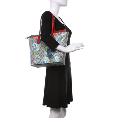 Gucci GG Supreme Monogram Blooms Medium Zippered Bucket Tote Beige Blue Navy Hibiscus Red 2 of 9