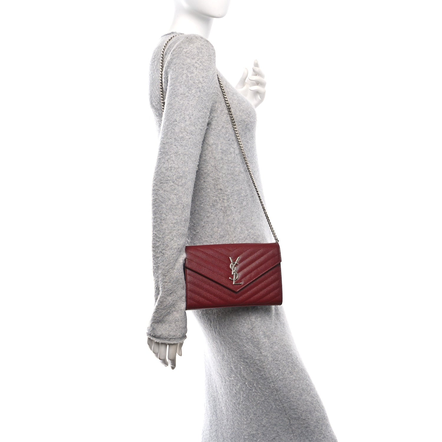 Saint Laurent Grain De Poudre Matelasse Chevron Monogram Chain Wallet Palissandre 2 of 11